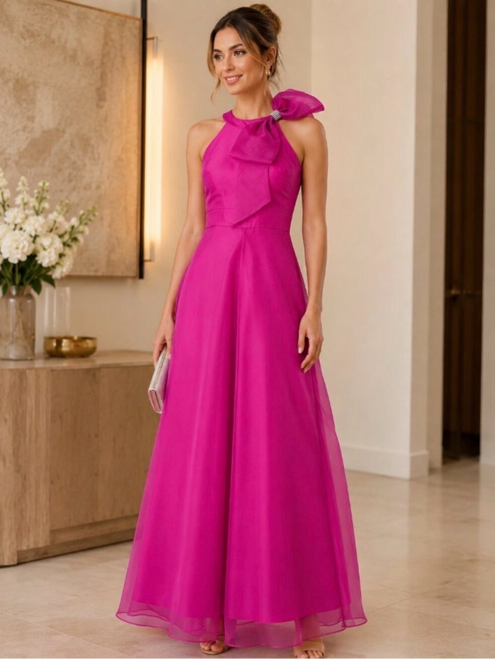 Eliza J Vibrant Fuchsia Halter Jumpsuit Maxi with Bow